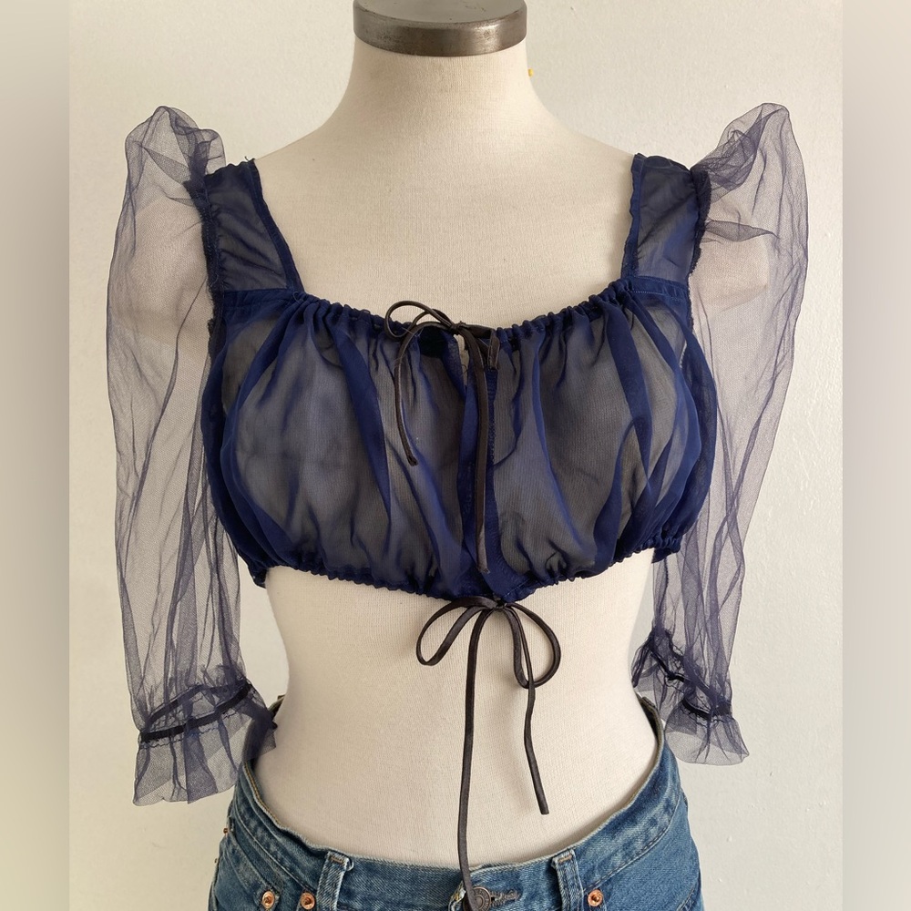 Chic Navy Sheer Sleeve Blouse